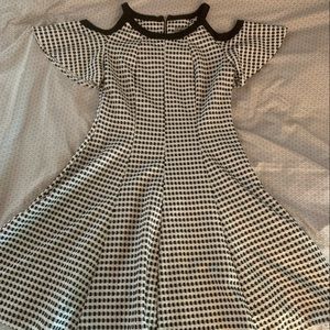 Checkered cold shoulder skater dress.